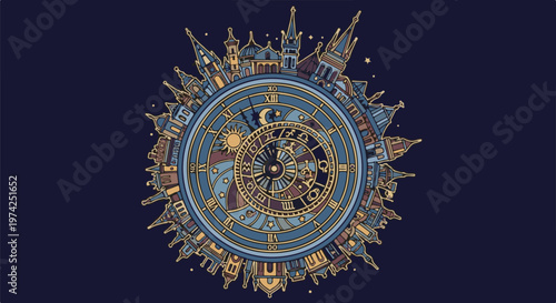 A circular cityscape adorns an astronomical clock with celestial and zodiacal symbols