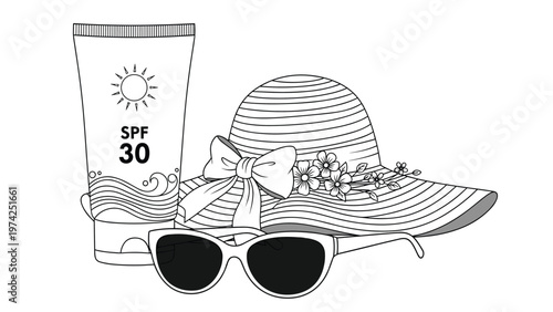 Essential summer beach accessories including a wide brimmed sun hat, sunglasses, and a tube of spf thirty sunscreen are drawn in line art.
