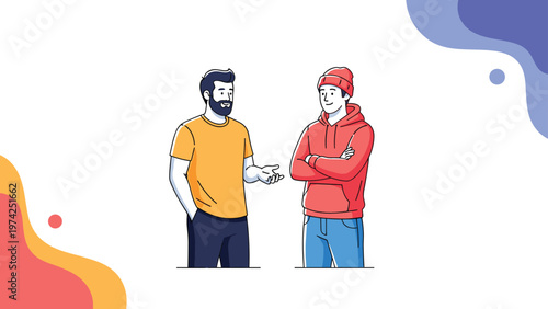 Two men dressed in casual attire are depicted in a friendly conversation with modern abstract colorful shapes in the background corners.