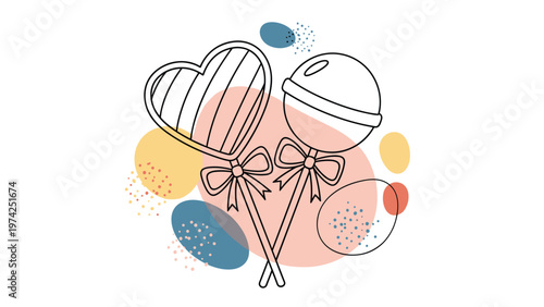 Pair of heart shaped and round lollipops decorated with bows are presented over a background of soft colorful abstract paint blobs.