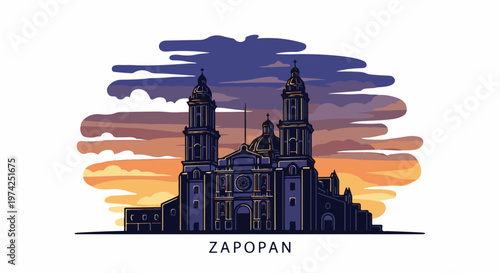 A majestic cathedral stands against a dramatic sunset with purple and orange hues