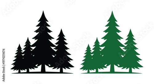 Pine tree silhouettes in black and green, coniferous forest evergreen vector icons, minimalist spruce and fir tree landscape elements for outdoor branding