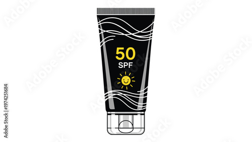 Modern black tube of spf fifty sunscreen features a smiling sun icon and wavy white line patterns for a stylish summer skincare product.