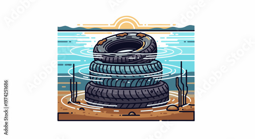 Stacked tires submerged in shallow water, causing ripples