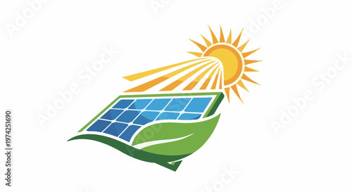 Stylized sun, solar panel, and leaf graphic representing clean energy