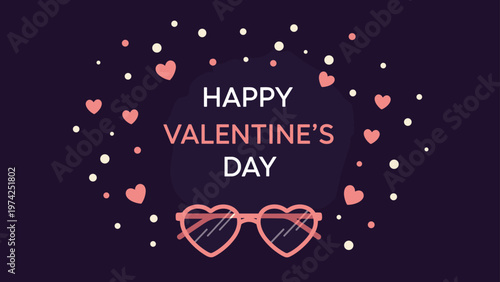 Festive valentine day graphic features heart shaped sunglasses surrounded by floating pink hearts and white dots on a dark purple background.