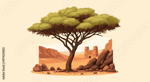 A lone acacia tree stands tall in a desert landscape, with a distant fortress and rocky outcrops