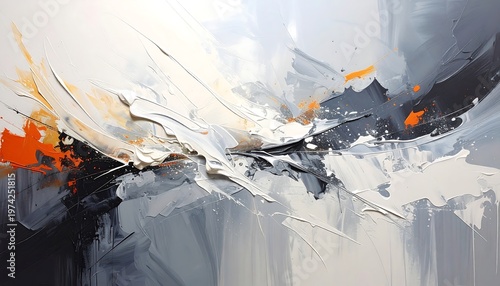 Abstract painting with broad brushstrokes of white, gray, and touches of orange creating dynamic movement across the canvas