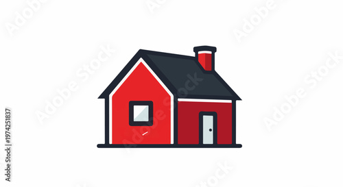 A simple, cartoon-style red house with a dark roof and chimney