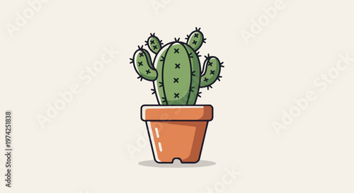 A simple, illustrative green cactus in a terracotta pot on a light background