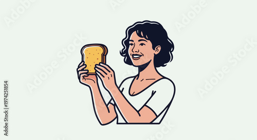 Woman holding a slice of toast, smiling