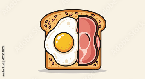 A slice of toast is topped with a sunny-side-up egg and strips of ham