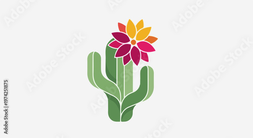 Stylized green cactus with a vibrant pink, orange, and yellow bloom