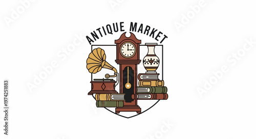 A vintage emblem features a grandfather clock, gramophone, vase, and stacked books