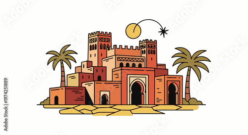 Stylized desert oasis with arched doorways, palm trees, and a distant sun