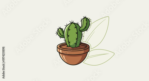 A cartoon green cactus with spiky needles sits in a terracotta pot