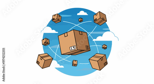 Brown cardboard boxes floating in the sky with white lines connecting them