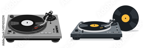 A pair of classic turntable record players with vinyl discs, illustrating vintage audio technology and musical enjoyment on a white background.