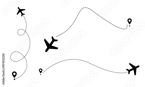 Airplane dotted line route from the starting point vector design. travel with an airplane dotted line path. heart route, going, curved, location, airplane route, transparent png background.