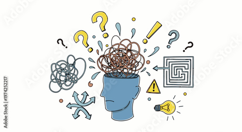 Abstract illustration of a head filled with tangled thoughts, surrounded by questions, a maze, and a lightbulb