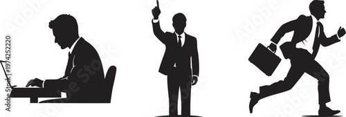 Three silhouetted businessmen in various poses of work and movement in black and white colors