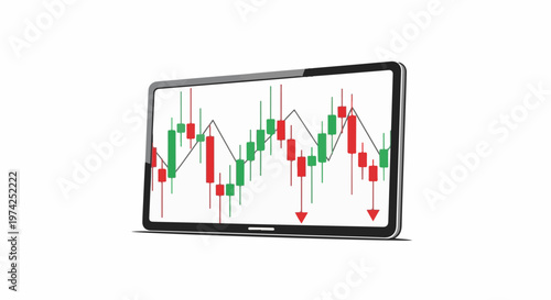 Tablet displays candlestick financial trading chart with rising and falling trends