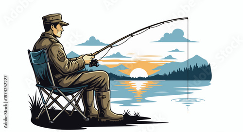 Soldier fishes at sunset on a calm lake with mountains in the background
