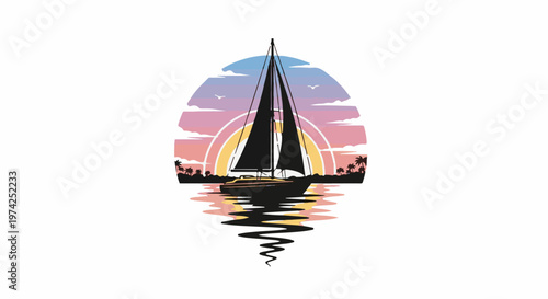 Silhouette of a sailboat on calm water at sunset with palm trees