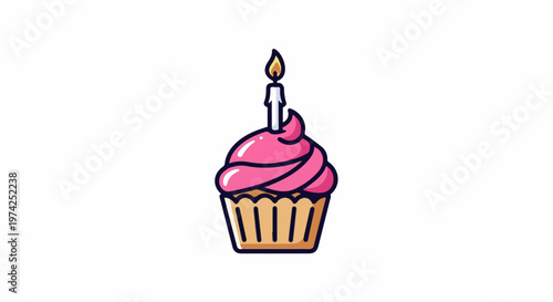 A pink iced cupcake with a single lit candle on a white background