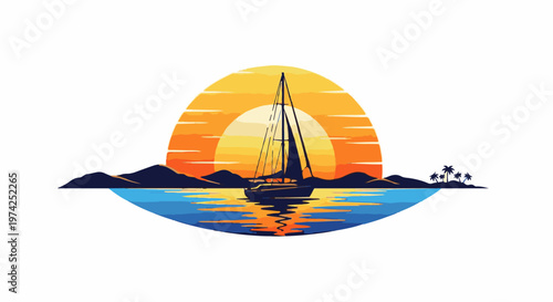 Sailboat on the ocean at sunset, with island and mountains in the background