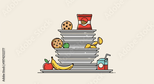 Stacked plates with snacks and fruits, a juice box, and chips