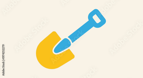 Stylized, colorful shovel icon with yellow scoop and blue handle on a light cream background