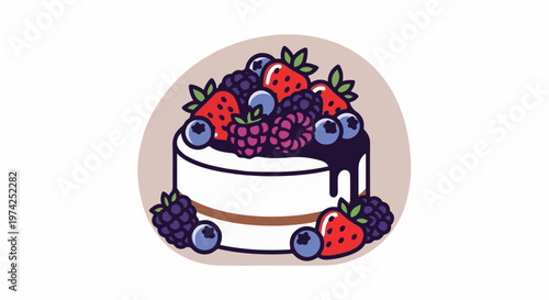 A cartoon-style cake adorned with a generous assortment of fresh berries