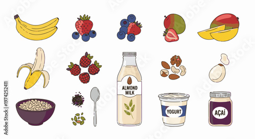 A vibrant collection of fruits, dairy, and nuts, illustrated in a playful, hand-drawn style