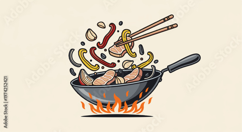 A colorful illustration of ingredients cooking in a wok over flames