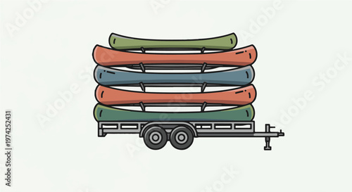 Stack of colorful canoes loaded on a trailer
