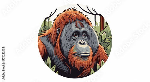 A close-up illustration of an orangutan's face, set against a backdrop of lush green foliage and hanging vines