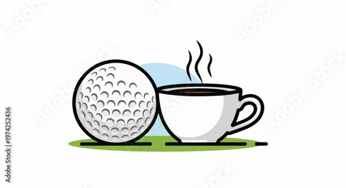 A golf ball sits beside a steaming cup of coffee on a patch of green grass