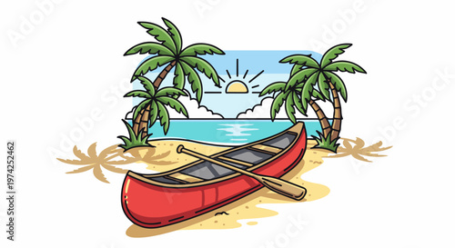 A red canoe rests on a sandy beach with palm trees and a bright sun rising over the ocean