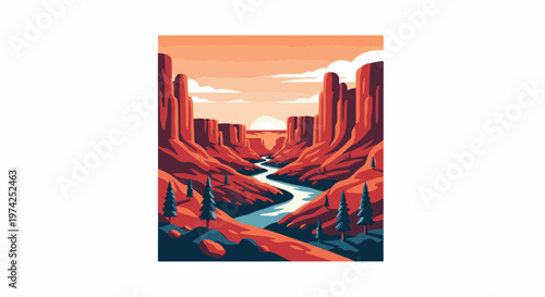 A stylized pixel art of a vibrant canyon with a winding river at sunset