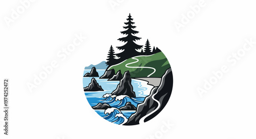 Coastal scene with jagged rocks, waves, a green hill, and pine trees