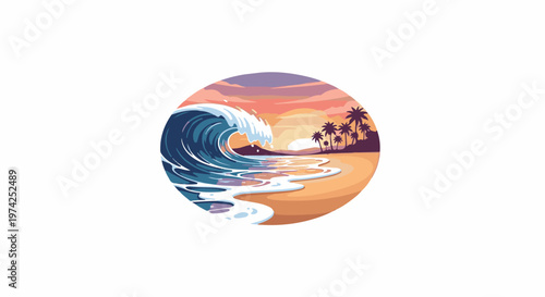 Pixel art depicts a vibrant sunset over a tropical beach with a crashing wave