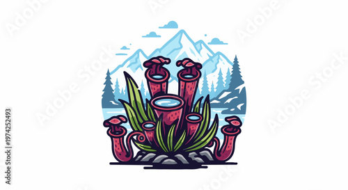 A vibrant, cartoonish illustration of pitcher plants with a mountainous landscape