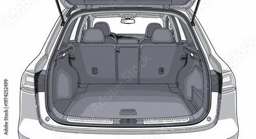 Detailed illustration of an empty car's cargo area with open liftgate and seats folded