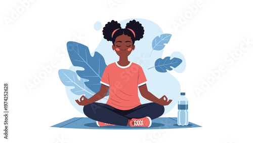 Young girl with space buns meditating in lotus position on a yoga mat with a water bottle nearby for health and relaxation.