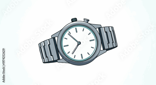 A silver wristwatch with a white face and simple markers
