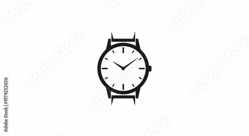 A minimalist black and white illustration of a classic analog wristwatch, centered on a white background