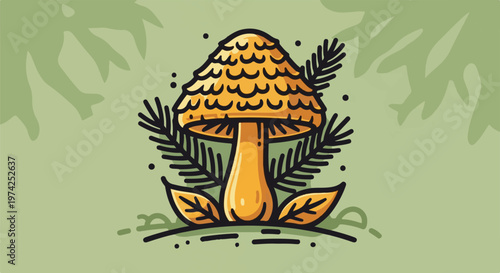 A stylized yellow mushroom with pine branches and leaves on a soft green background