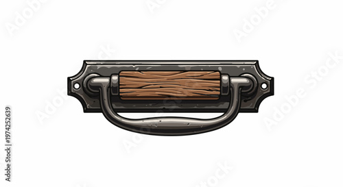 Ornate, weathered metal drawer pull with rustic wooden insert