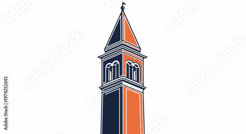 A stylized illustration of a tall, narrow tower with a pointed spire, in navy and orange